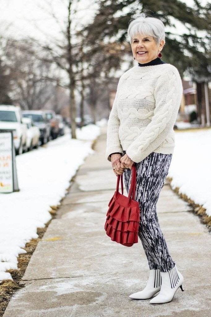 Cream Cable Knit With Graphic Pants - winter outfit for women over 70 (cream cable sweater)