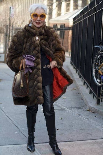 Brown Fur Coat With Leather-Look Pants - winter outfit for women over 70 (brown fur coat)
