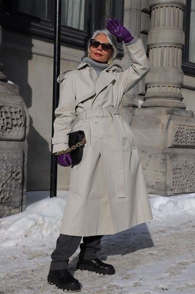 Beige Trench With Purple Gloves - winter outfit for women over 70 (beige trench coat)