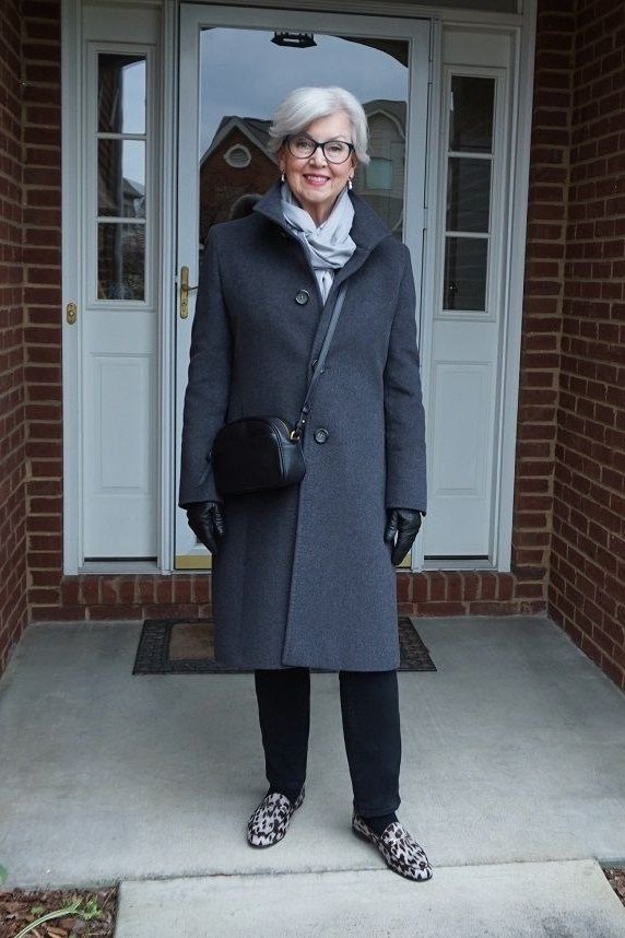 Navy Long Coat and Leopard Flats - winter outfit for women over 70 (navy long coat)
