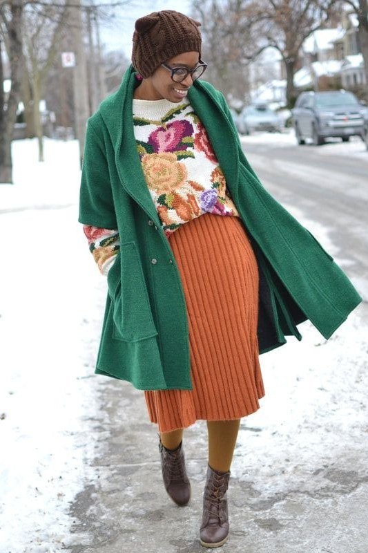 Emerald Coat With a Rust Pleated Skirt - winter outfit for women over 70 (green coat)