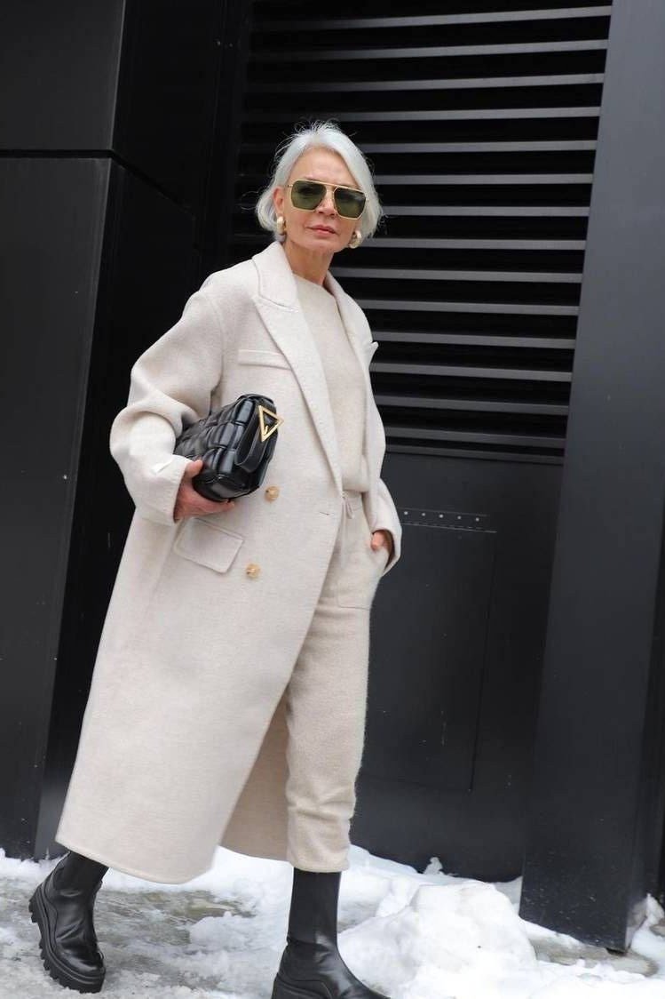 Long Cream Coat in the Snow - winter outfit for women over 70 (long white coat)