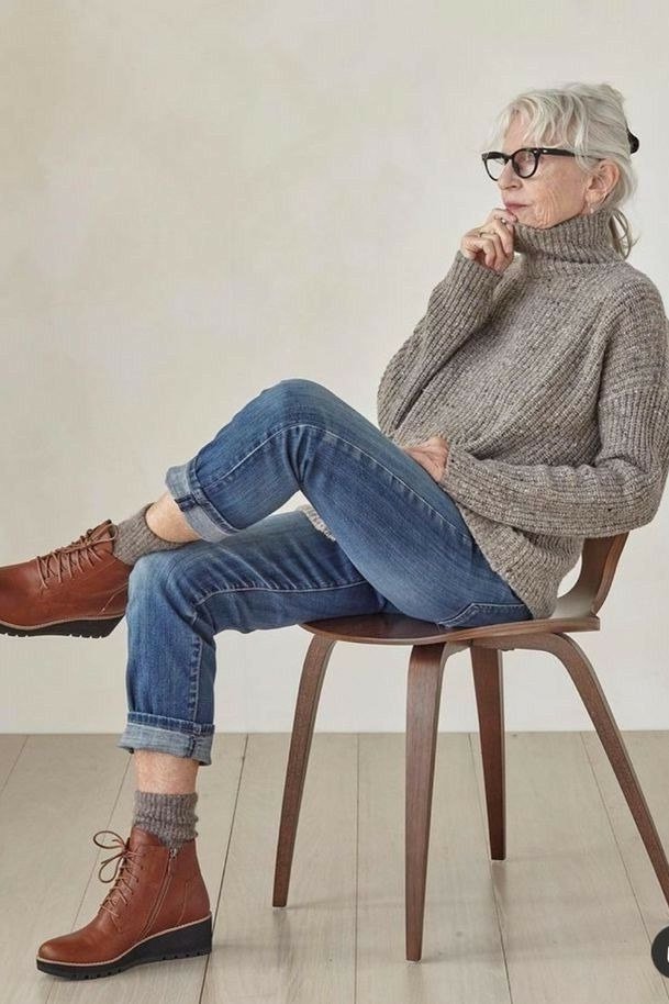 Gray Turtleneck With Cuffed Jeans - winter outfit for women over 70 (gray turtleneck)