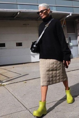 Black Top With Lime Green Boots - winter outfit for women over 70 (black sweater)