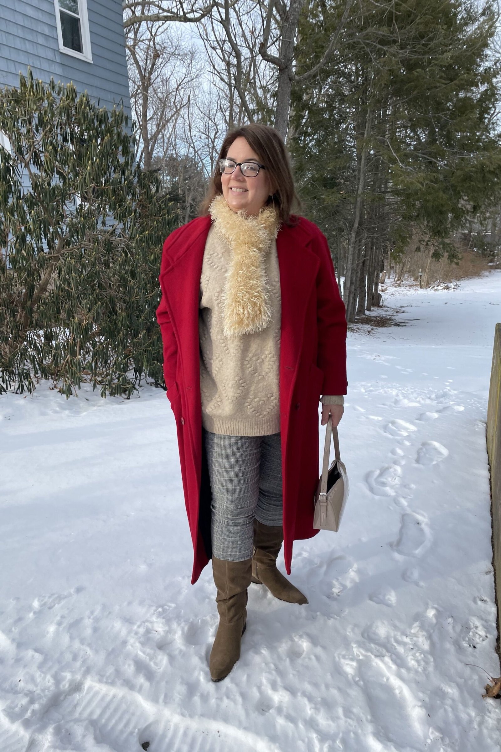 Red Long Coat With Gray Trousers - winter outfit for women over 70 (red long coat)
