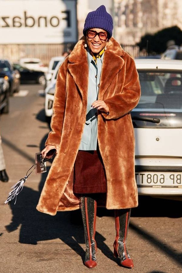 Caramel Faux-Fur Coat With Striped Tights - winter outfit for women over 70 (caramel faux-fur coat)