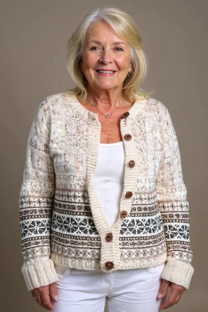 Cream Fair-Isle Cardigan With White Pants - winter outfit for women over 70 (cream fair-isle cardigan)