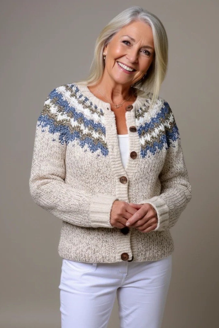 Blue Fair-Isle Yoke Cardigan With White Pants - winter outfit for women over 70 (cream and blue fair-isle cardigan)
