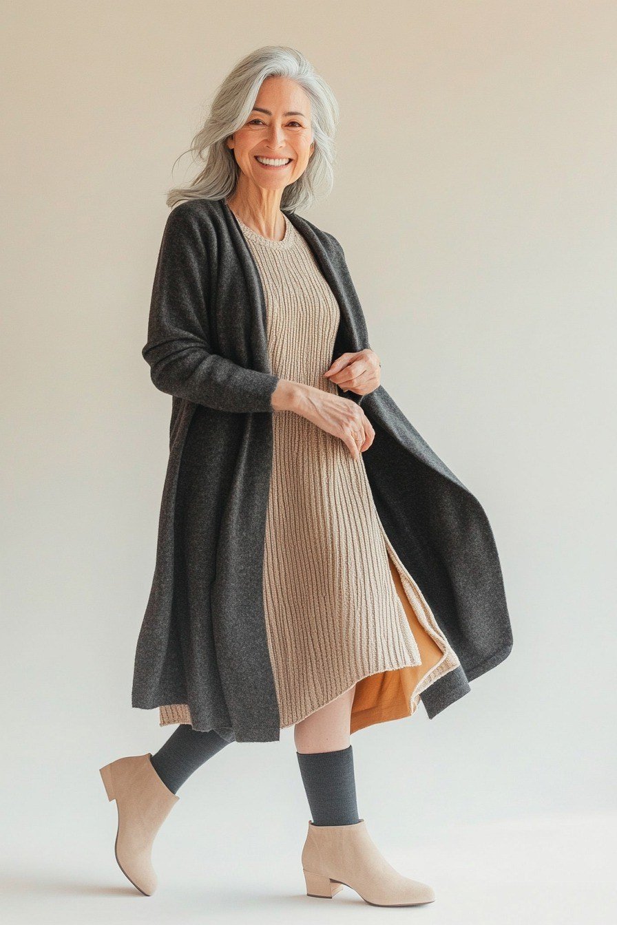 Long Gray Cardigan Over a Nude Pleated Dress - winter outfit for women over 70 (long gray cardigan)