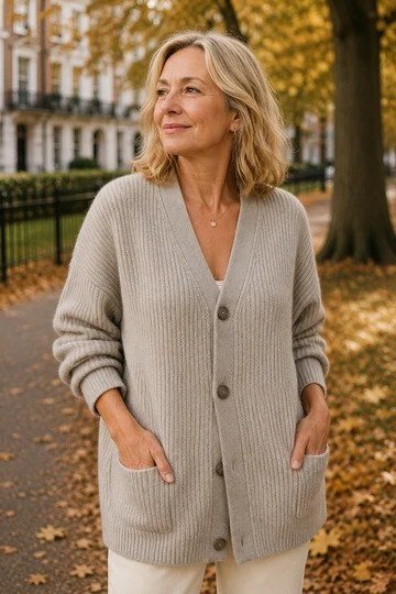 Beige Button Cardigan With White Pants - winter outfit for women over 70 (beige button cardigan)
