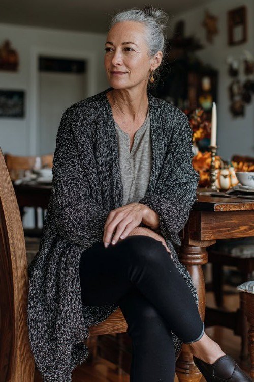 Dark Charcoal Cardigan With Black Pants - winter outfit for women over 70 (dark charcoal knit cardigan)