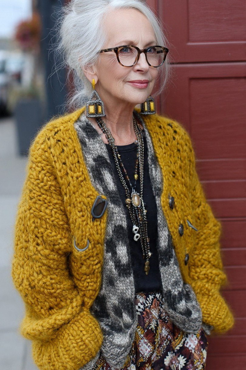 Mustard Chunky Knit Jacket With a Patterned Skirt - winter outfit for women over 70 (mustard chunky knit jacket)