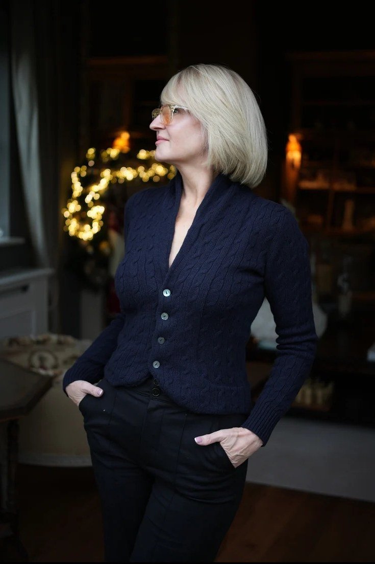 Navy Button Cardigan for Evening - winter outfit for women over 70 (navy button cardigan)