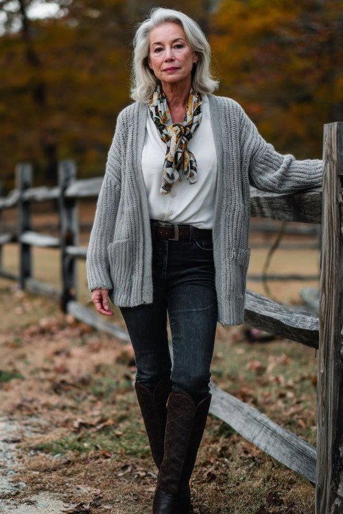 Gray Cardigan With a Patterned Scarf and Jeans - winter outfit for women over 70 (gray cardigan)