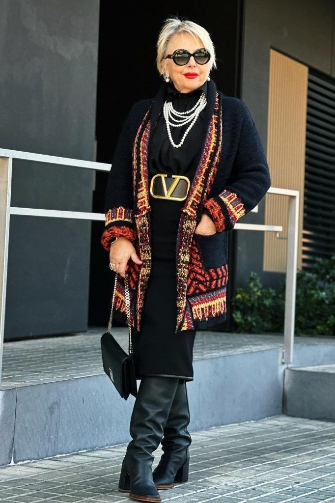 Black Outfit With a Patterned Cardigan and Pearls - winter outfit for women over 70 (black coat)