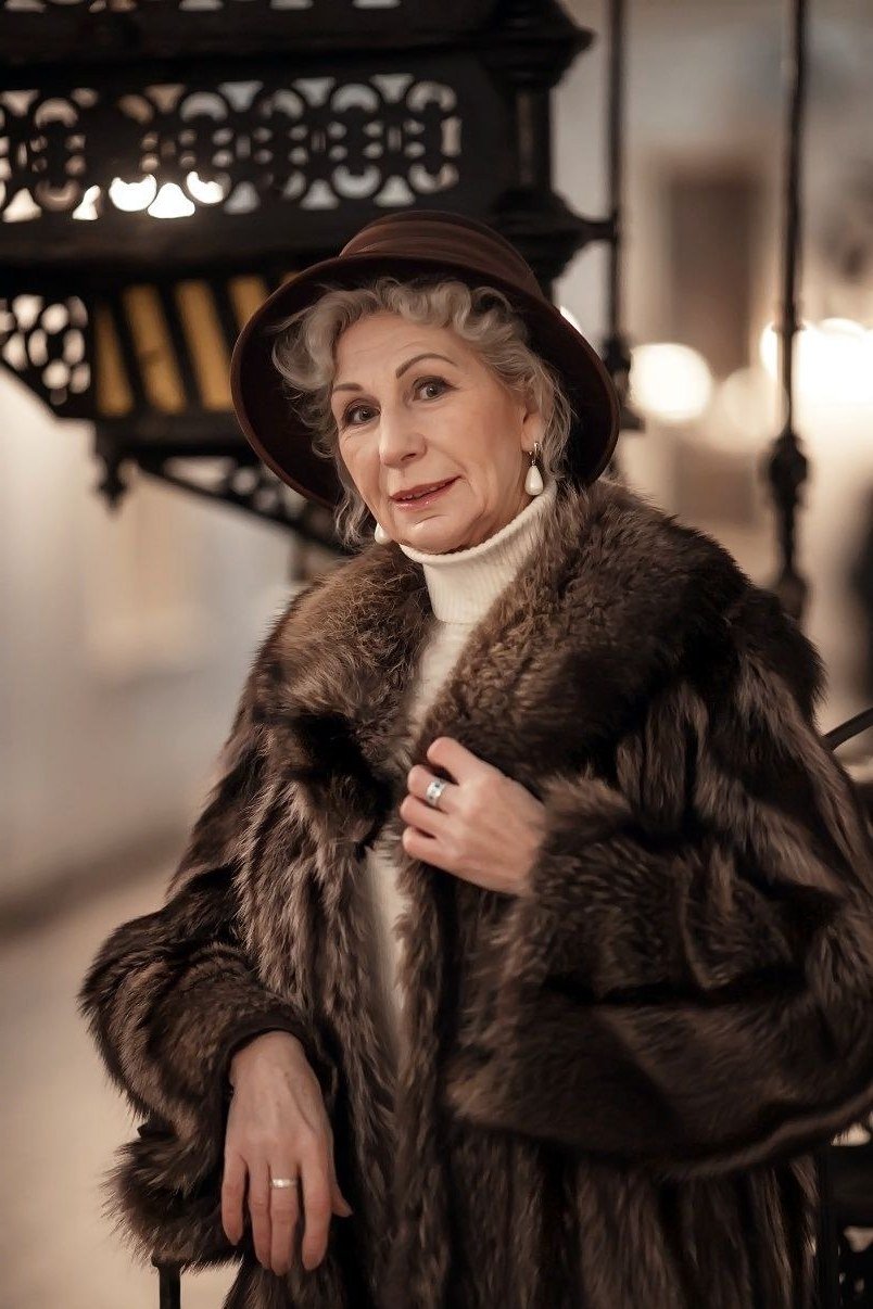 Brown Faux-Fur Coat With a Felt Hat - winter outfit for women over 70 (brown fur coat)