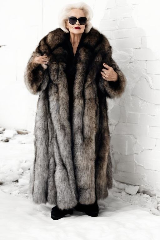 Long Gray Faux-Fur Coat in the Snow - winter outfit for women over 70 (long gray faux-fur coat)