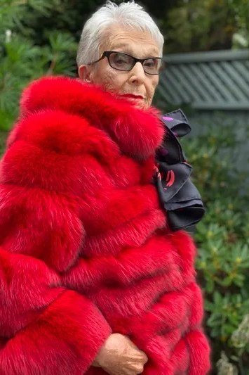 Red Faux-Fur Coat With Patent Scarf - winter outfit for women over 70 (red faux-fur coat)