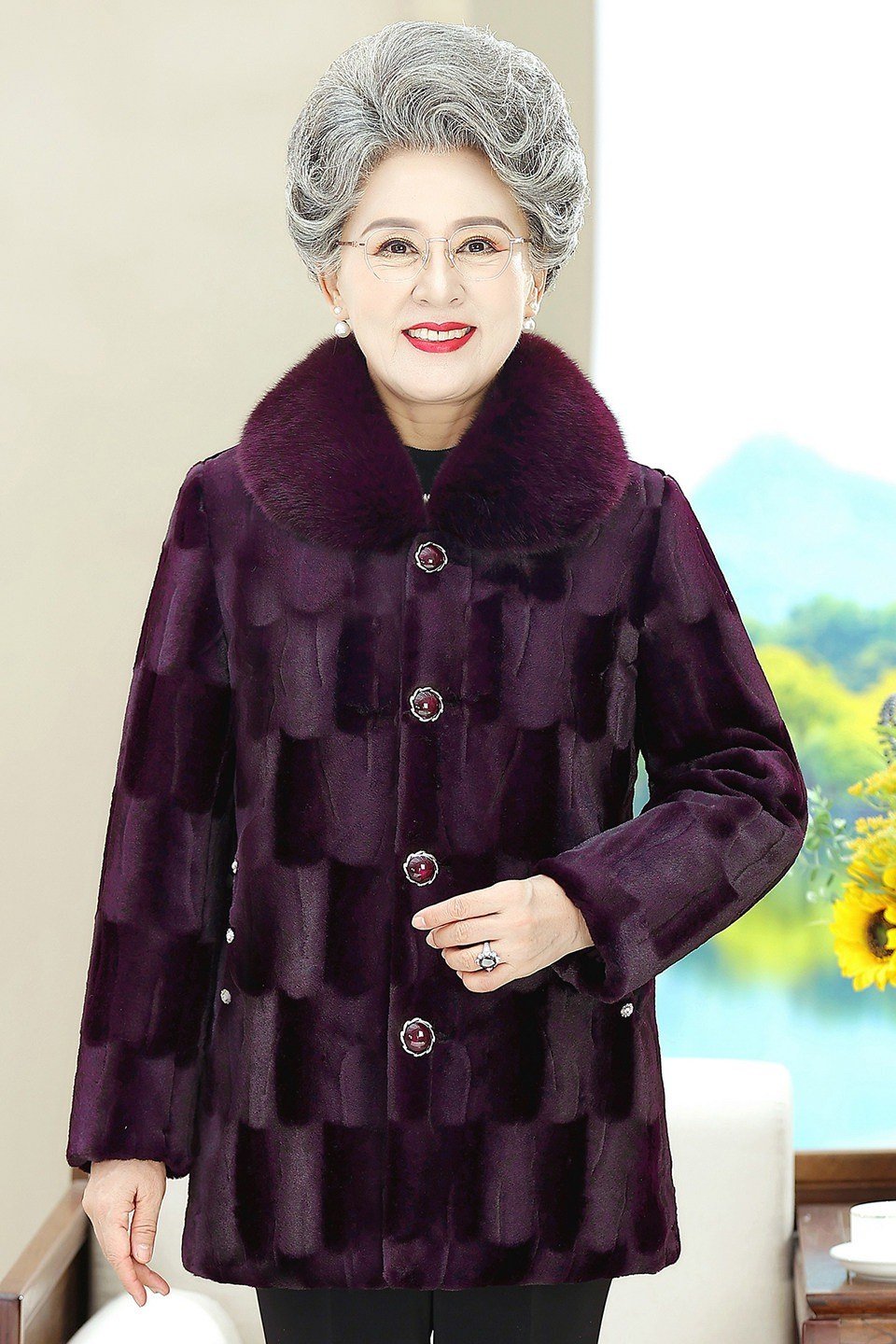 Purple Check Faux-Fur Coat - winter outfit for women over 70 (purple check faux-fur coat)