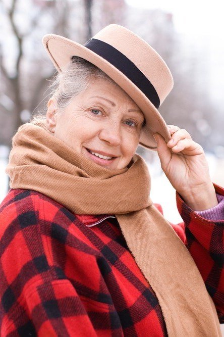 Red Plaid Coat With Tan Fedora - winter outfit for women over 70 (red plaid coat)