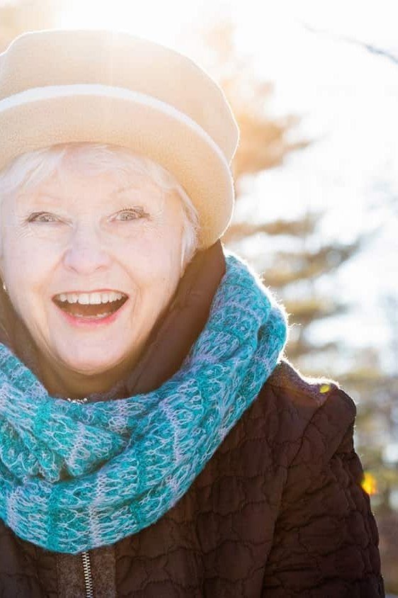 Teal Knit Cowl With Cream Hat - winter outfit for women over 70 (dark quilted coat)