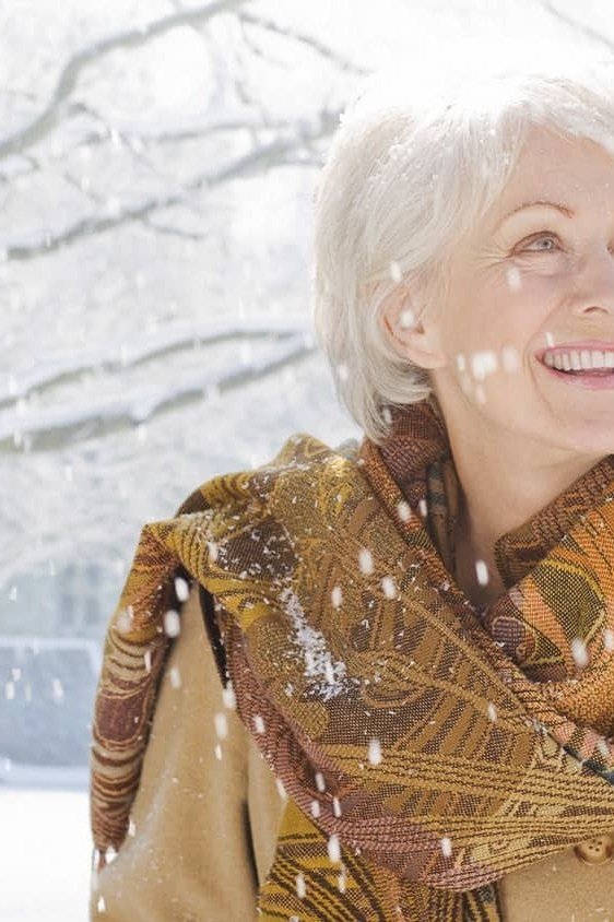 Tan Coat With Golden Patterned Scarf - winter outfit for women over 70 (tan coat)