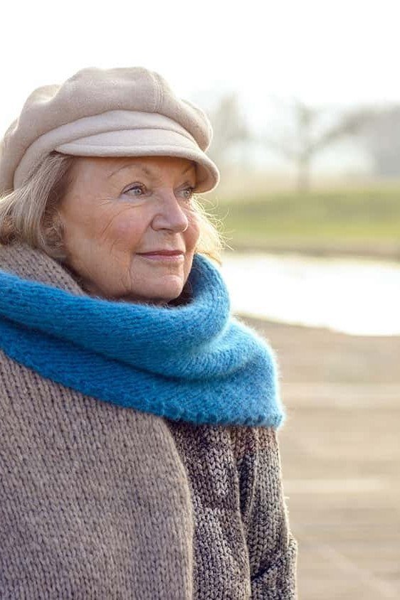 Gray Poncho With Bright Blue Scarf - winter outfit for women over 70 (gray poncho)