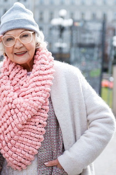 White Coat With Chunky Pink Scarf - winter outfit for women over 70 (white coat)