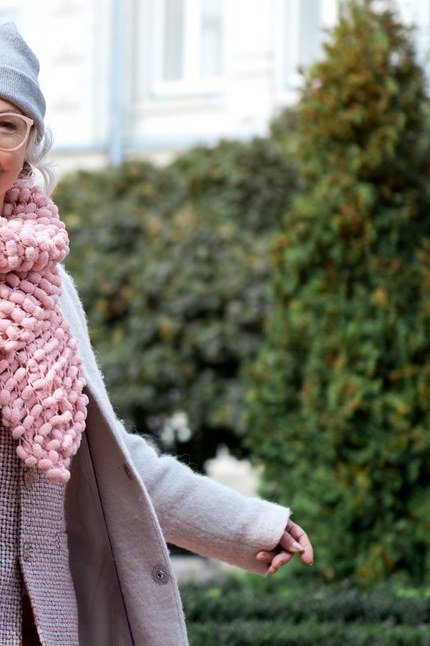 White Coat With Pink Scarf in the Park - winter outfit for women over 70 (white coat)