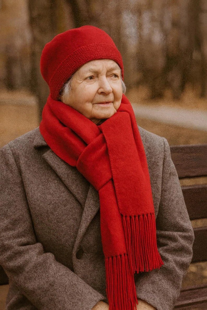 Taupe Coat With Red Beanie and Scarf - winter outfit for women over 70 (red beanie)