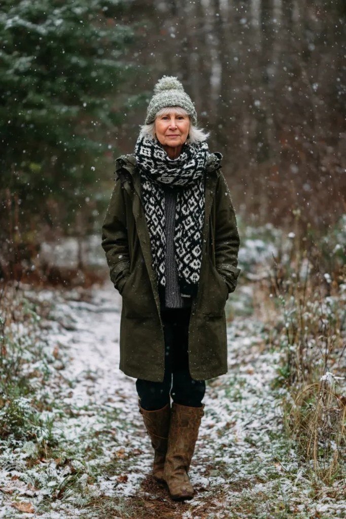 Olive Coat With Patterned Scarf in Snowy Woods - winter outfit for women over 70 (olive coat)