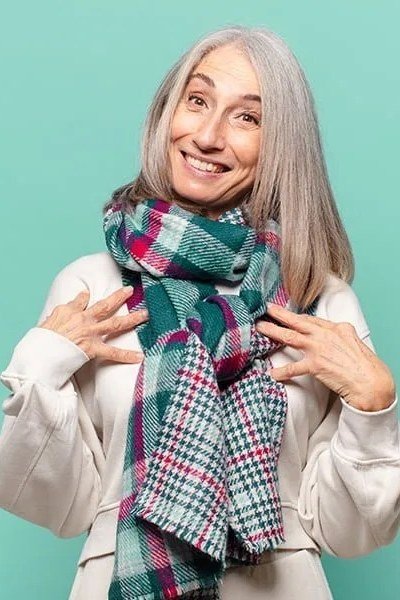 White Coat With a Bold Plaid Scarf - winter outfit for women over 70 (white coat)