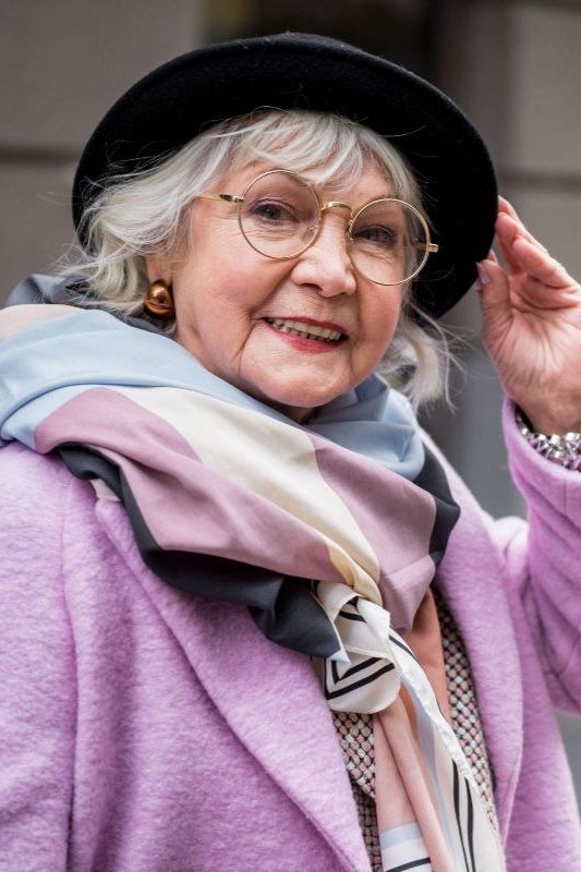 Lavender Coat With a Pastel Scarf and Black Hat - winter outfit for women over 70 (lavender coat)