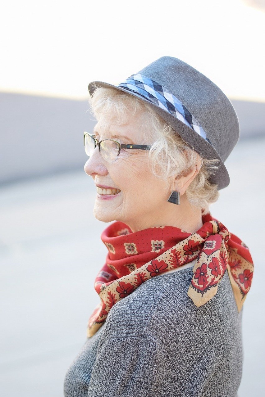 Gray Knit With a Red Bandana Scarf and Cloche Hat - winter outfit for women over 70 (gray hat)