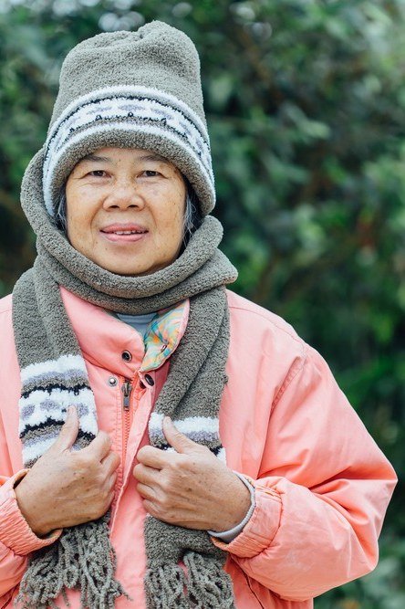 Pink Puffer With a Gray Knit Hat and Scarf - winter outfit for women over 70 (pink puffer jacket)