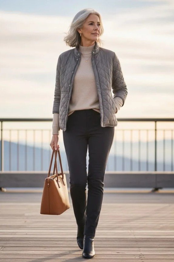 Gray Quilted Blazer With Beige Top and Black Pants - winter outfit for women over 70 (gray blazer)