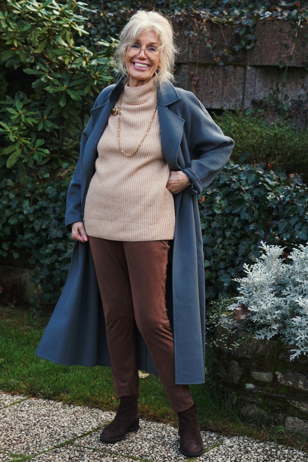 Long Blue Coat Over Beige and Rust - winter outfit for women over 70 (long blue coat)