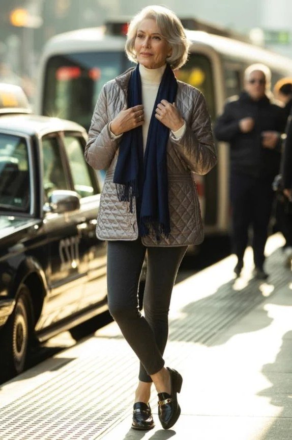 Gray Quilted Coat With a Navy Scarf - winter outfit for women over 70 (gray quilted coat)