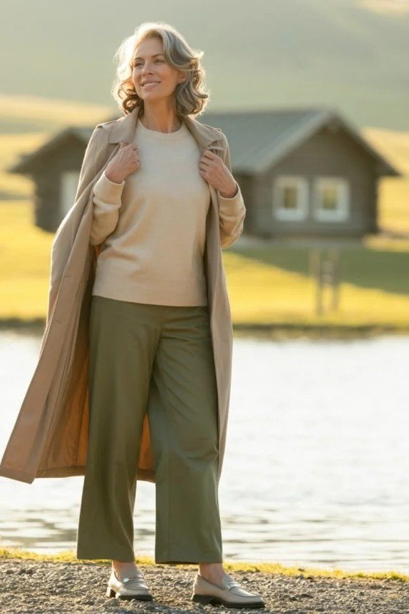 Long Camel Cardigan Over Beige and Olive - winter outfit for women over 70 (beige sweater)