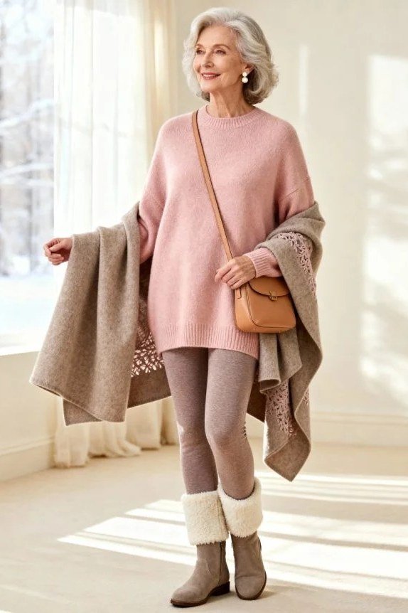 Blush Pink Sweater With Gray Tights and Boots - winter outfit for women over 70 (blush pink sweater)