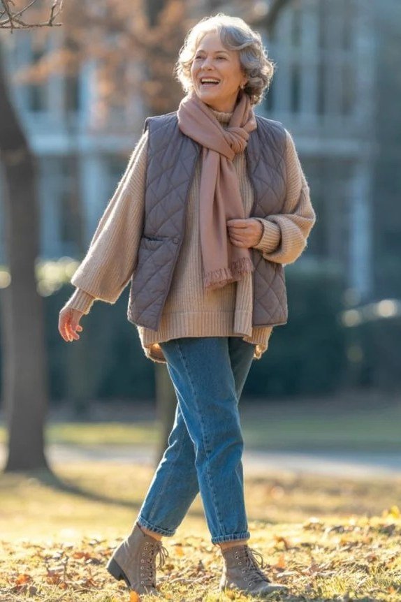 Quilted Vest Over a Beige Sweater and Jeans - winter outfit for women over 70 (beige quilted vest)