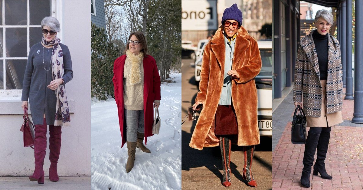 Collage of winter outfits for women over 70: coats, cardigans, scarves and boots