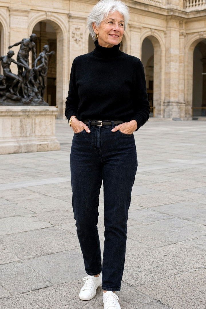 Black Turtleneck with Black Jeans and White Sneakers on a woman over 60, cozy winter casual outfit idea 8