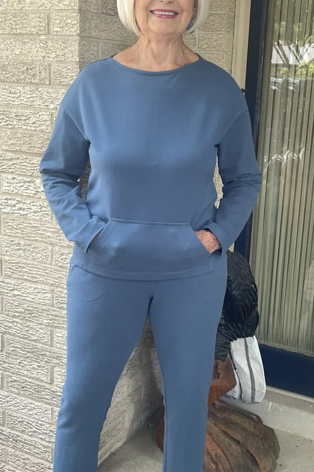 Blue Sweatsuit on a woman over 60, cozy winter casual outfit idea 16