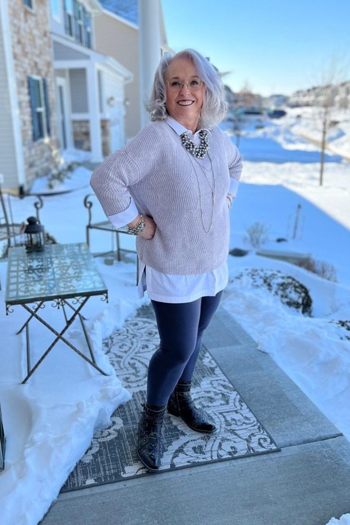 Lavender Sweater with Dark Leggings and Boots on a woman over 60, cozy winter casual outfit idea 17