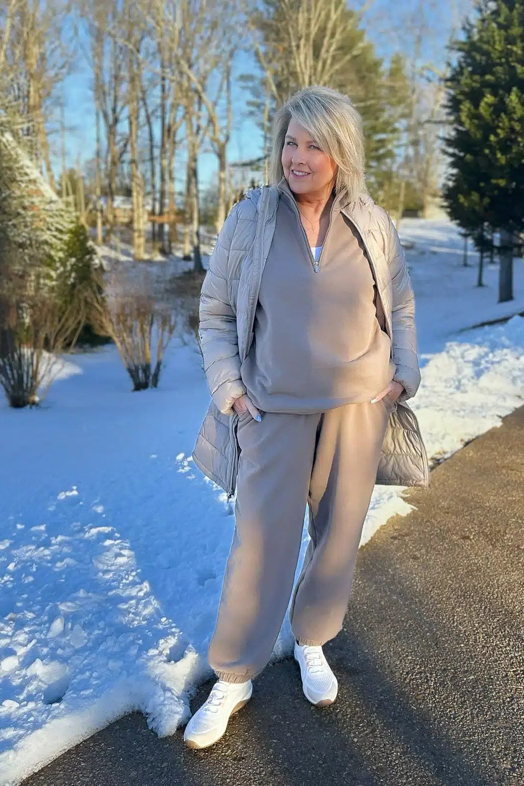 Gray Sweatsuit with White Sneakers on a woman over 60, cozy winter casual outfit idea 18