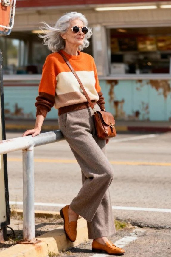 Orange and Cream Colorblock Sweater with Brown Pants on a woman over 60, cozy winter casual outfit idea 19