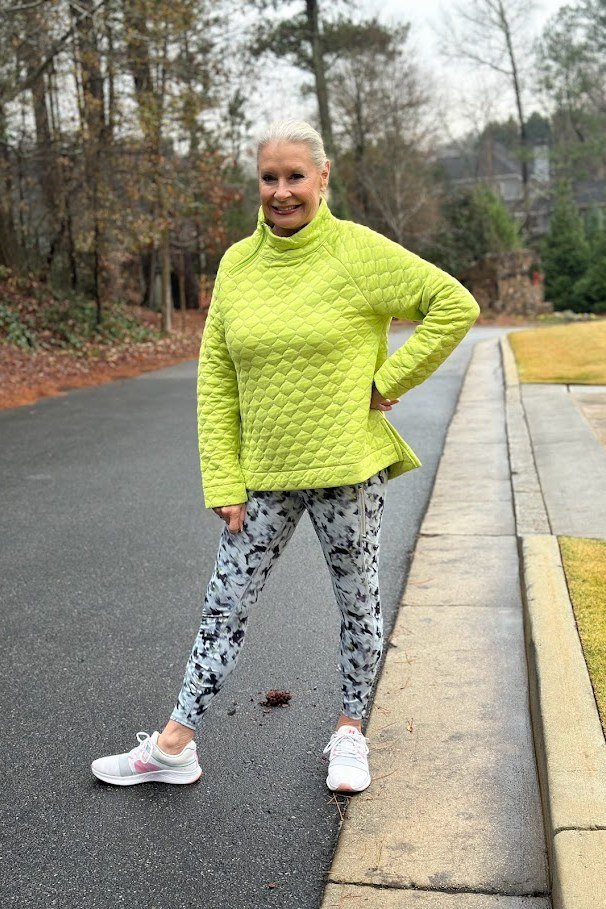 Lime Quilted Turtleneck with Floral Leggings on a woman over 60, cozy winter casual outfit idea 25