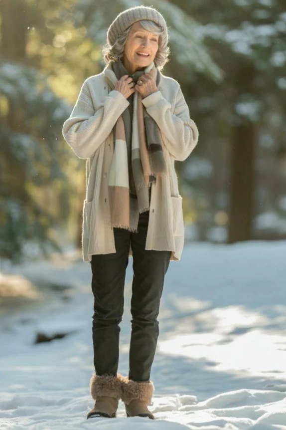 Cream Chunky Knit Cardigan with Black Leggings and Shearling Boots on a woman over 60, cozy winter casual outfit idea 26