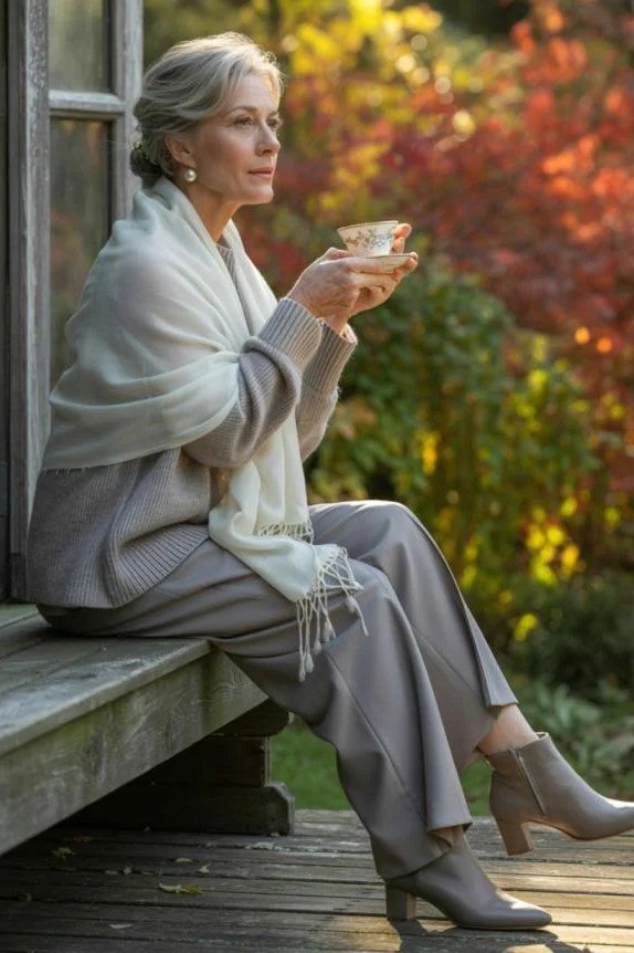 Cream Sweater with Taupe Pants and Cream Scarf on a woman over 60, cozy winter casual outfit idea 27